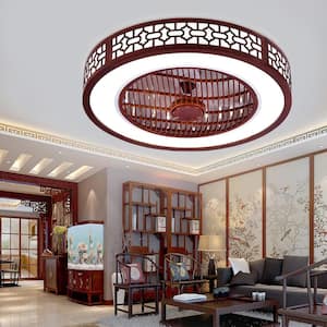 22 in. Chinese Style Indoor 2 Colors Change Integrated LED Red Wood Framed Ceiling Fan with Remote