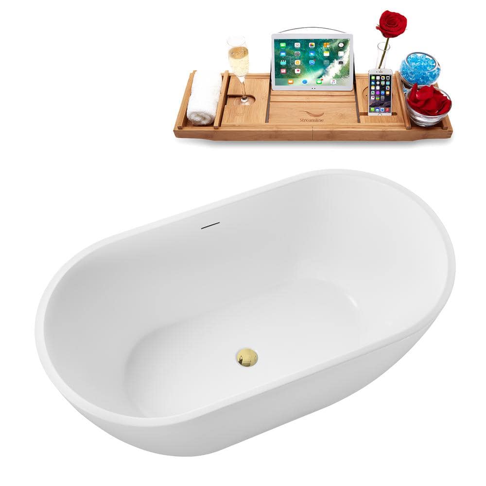 55" Glossy White Acrylic Freestanding Soaking Tub with Tray