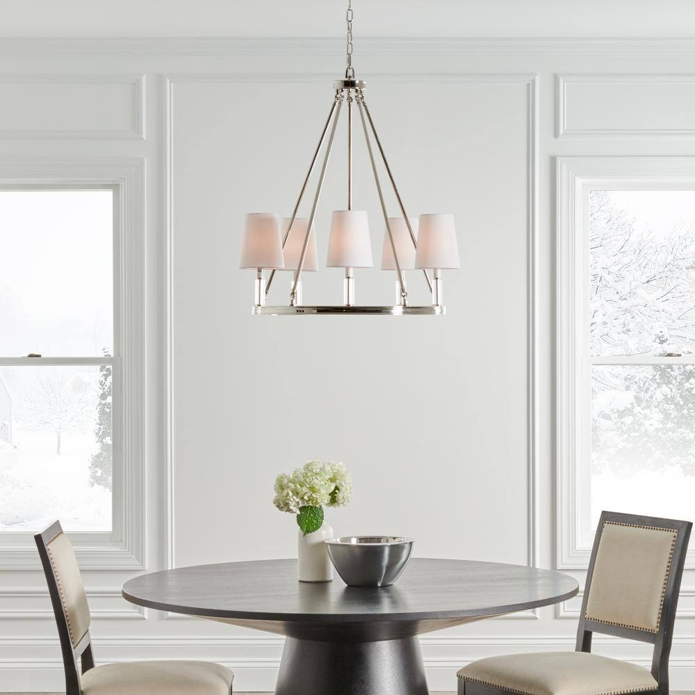 Polished Nickel 5-Light Chandelier with White Fabric Shades