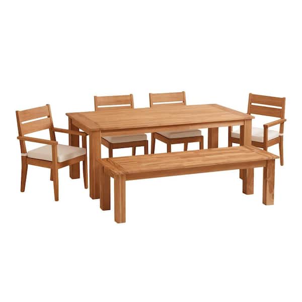 Callahan Natural Brown 6-Piece Teak Wood Rectangle Table Outdoor Dining Set with Polyester Antique White Cushions