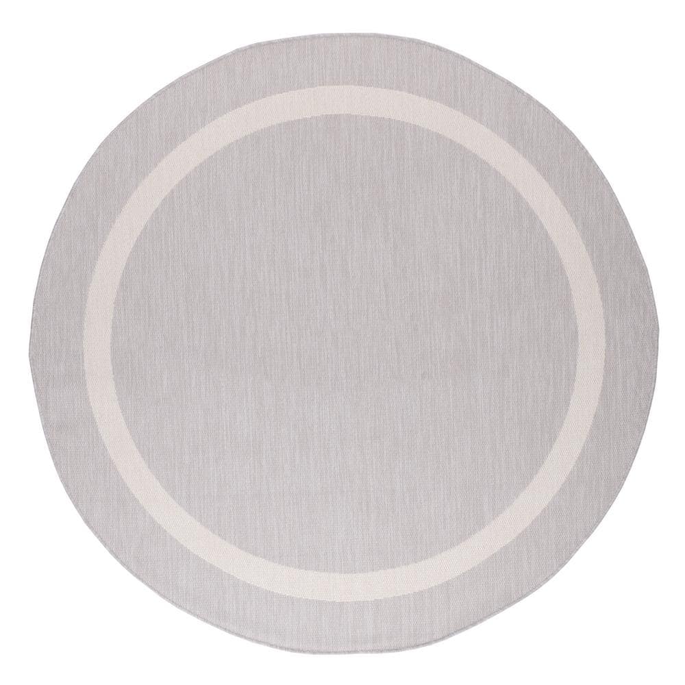Beverly Rug Waikiki Grey/White 7 ft. Round Bordered Indoor/Outdoor Area Rug, Gray/White Beverly Rug indoor outdoor rugs are available in various sizes; 4 ft. x 6 ft. area rug (3 ft. 11 in. x 5 ft. 11 in.), area rug 5 ft. x 7 ft. (5 ft. 3 in. x 7 ft.), 6 ft. x 9 ft. area rugs (6 ft. 7 in. x 9 ft.), large area rug 8 ft. x 10 ft. (7 ft. 10 in. x 10 ft.) and 6 ft. 7 in. circle rug. You can use our non shedding rugs wherever needed; either indoors such as living room, dining room, laundry room, bedroom, hallway, children playroom, or outdoors such as deck, patio, pool side, picnic, beach, garage, or guest lounges. These fade resistant indoor rugs has UV protection and offer environment protection with their eco-friendly and breathable material. The vibrant colors will not fade in the sun. Ideal for high traffic areas. With natural color options of beige, blue, grey and dark grey, this beautiful bordered area rug is perfect fit for your home. Color: Gray/White.