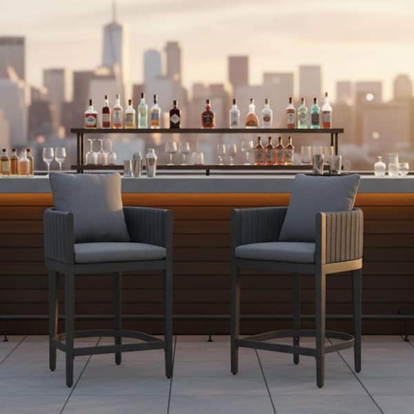 Aluminum Counter Height Outdoor Bar Stool Olefin Weaving Oval Leg with Backrest and Cushion, Gray(2-Pack)
