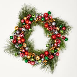 20 in. Needles and Multi-Color Plastic Balls Unlit Artificial Christmas Wreath