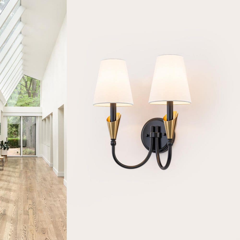 14 in. 2-Light Vintage Matte Black Wall Sconce with Cone Fabric Shades price history on PriceWatchPro