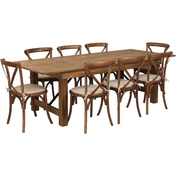 Hercules Series 9-Piece Rectangle Wood Antique Rustic Folding Farm Table Set with 8-Cross Back Chairs and Cushions