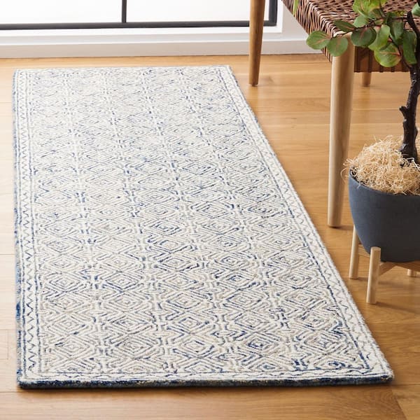 Micro-Loop 2 ft. x 9 ft. Navy/Ivory Border Diamond Runner Rug