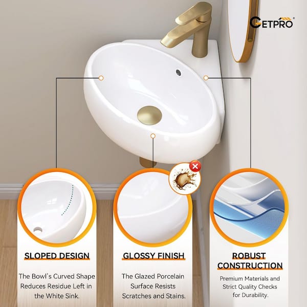 Getpro 14.13 in Corner Wall-Mounted Oval Bathroom Sink in White