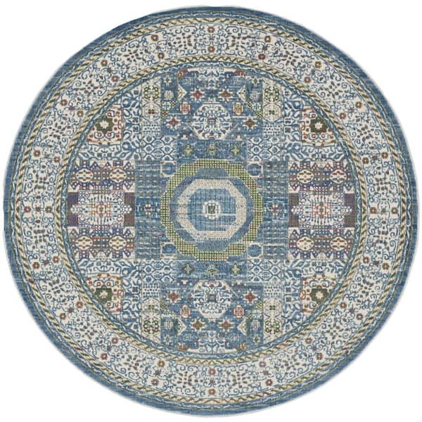 6 ft. Round White Oriental Washable Area Rug