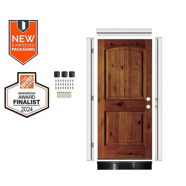 DIY 36 in. x 80 in. Alder 2-Panel Left-Hand Arch Top VG Red Chestnut Stain Wood Front Door Kit w/ Quick Assemble Jamb