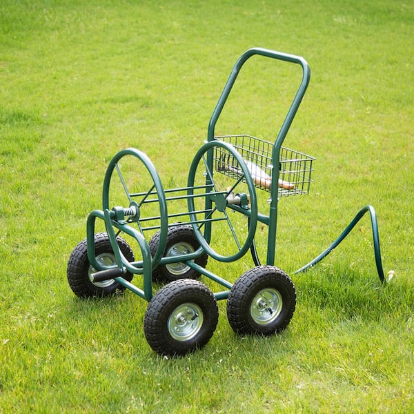 Glitzhome 250 ft. Green Steel 4-Wheel Garden Hose Reel Cart GH1429004167 -  The Home Depot