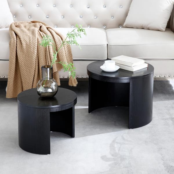 CSC DECOR INC 18.9 in. Black Oak Round MDF Coffee Table Set Modern Side Table Nesting Table Set of 2 for Living Room, Office