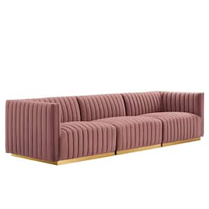 Conjure 34.5 in W Channel Tufted Performance Velvet  Rectangle 3-Seat Sofa Square Arm in Gold Dusty Rose