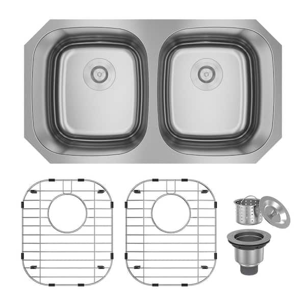 CASAINC 32 in. Undermount Double Bowl 18 Gauge Stainless Steel Kitchen Sink with Bottom Grid and Basket Strainer, cUPC Certified