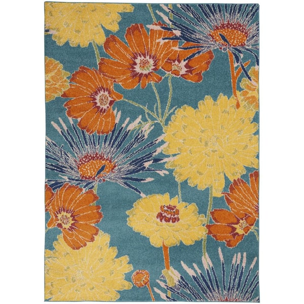 5 ft. x 7 ft. Blue Floral Power Loom Area Rug