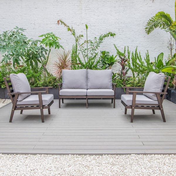 Walbrook Brown 3-Piece Aluminum Patio Set with Removable Grey Cushions Loveseat and Armchairs (Set of 2)