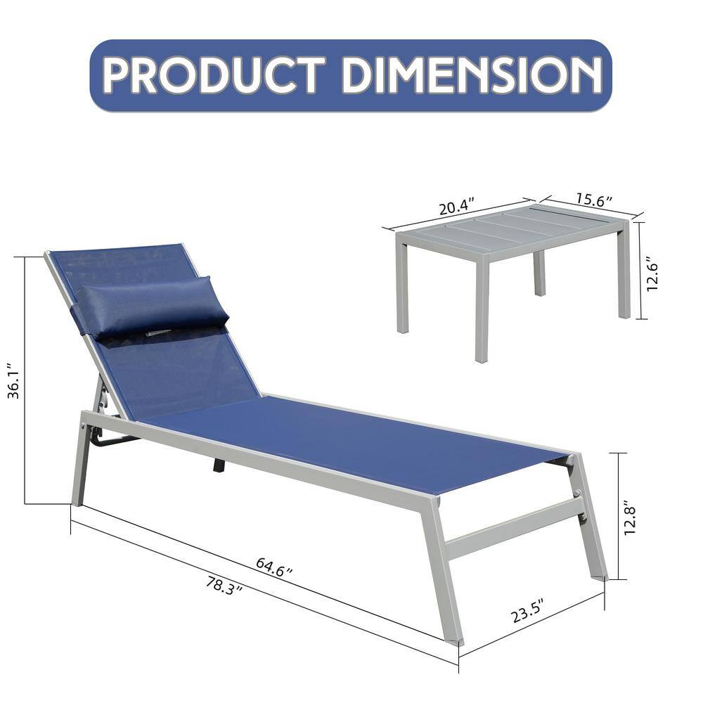 Navy Blue Aluminum Outdoor Adjustable Chaise Lounge Set with Side Table