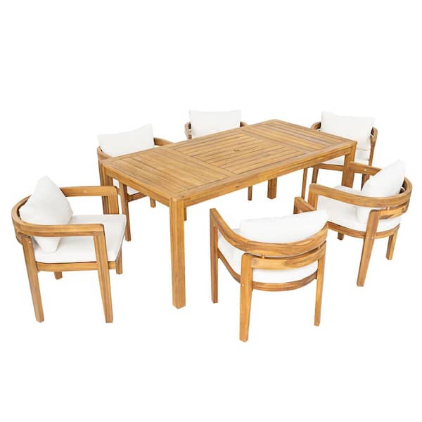 Bervin 7-Piece Teak Finish Acacia Wood Patio Outdoor Dining Set with Beige Cushions, 6 Seater