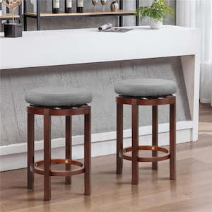 26 in. Gray Upholstered Swivel Round Bar Stools Wooden Pub Kitchen Chairs (Set of 2)