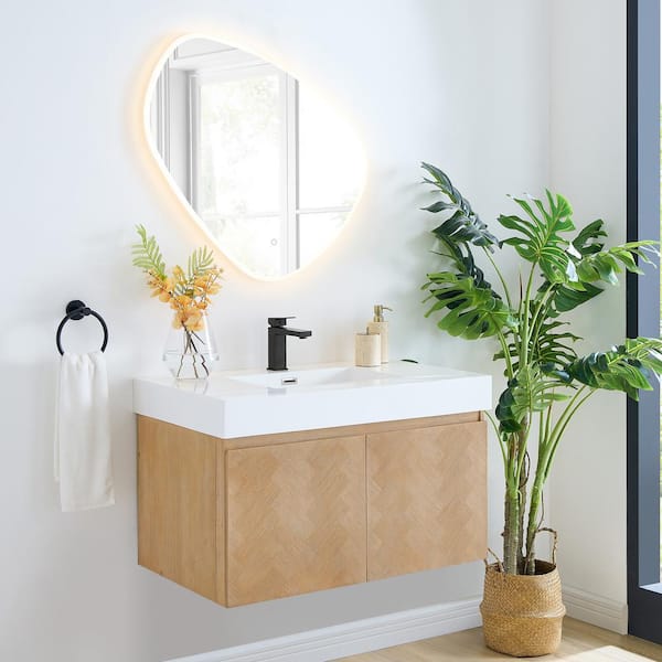 Siena 36 in. W Single Sink Floating Bath Vanity in Light Brown with White Engineered Stone Composite Top and Mirror