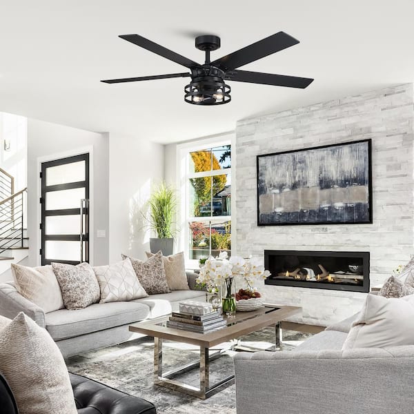 52 in. Indoor Industrial Black Reversible 5-Blade Ceiling Fan with Remote Control and Light Kit