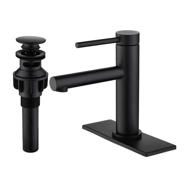 Single Handle Single Hole Bathroom Faucet with Pop-up Drain Kit and Deckplate Brass Modern Sink Basin Taps in MatteBlack