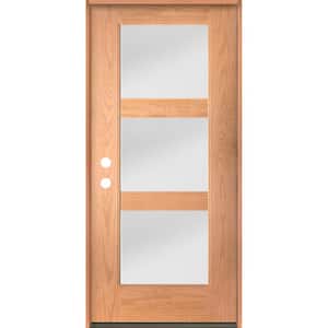 BRIGHTON Modern 36 in. x 80 in. 3-Lite Right-Hand/Inswing Satin Etched Glass Teak Stain Fiberglass Prehung Front Door