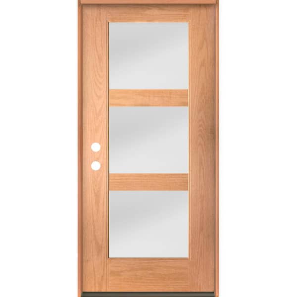 Krosswood Doors BRIGHTON Modern 36 in. x 80 in. 3-Lite Right-Hand/Inswing Satin Etched Glass Teak Stain Fiberglass Prehung Front Door