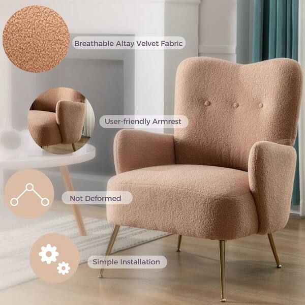 Espresso Soft Teddy Upholstered Three-tufted Buttons Back Arm Chair  Ergonomic Design Metal Frame and Legs