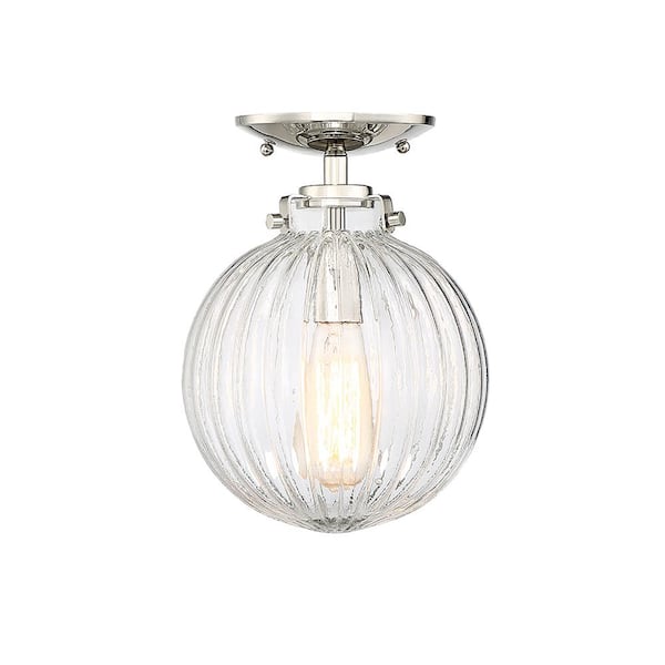 Savoy House 8 in. W x 11 in. H 1-Light Polished Nickel Semi-Flush Mount with Clear Ribbed Glass Shade