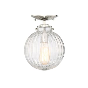 8 in. W x 11 in. H 1-Light Polished Nickel Semi-Flush Mount with Clear Ribbed Glass Shade
