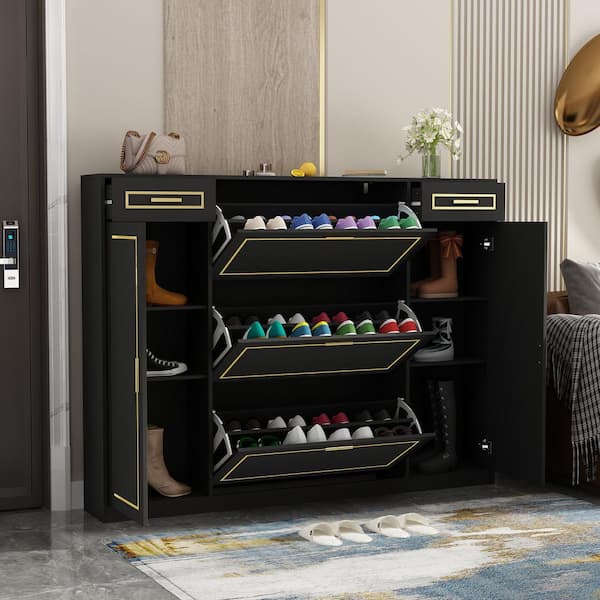 FUFU&GAGA 47.2 in. H x 47.2 in. W Wood Shoe Storage Cabinet Black Gold with  3-Drawers, 1-Cabinet for 27-Pairs KF020221-02 - The Home Depot