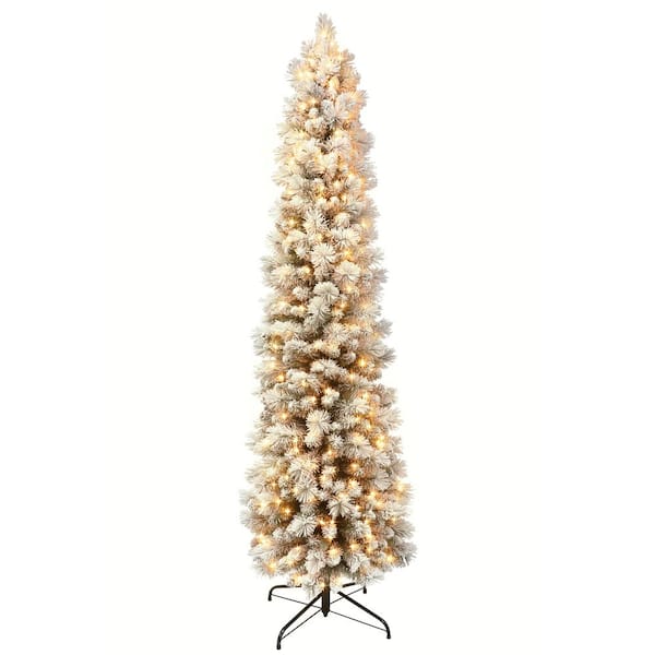 9 ft. Prelit Flocked Portland Pencil Artificial Christmas Tree with 450 UL-Listed Clear Lights