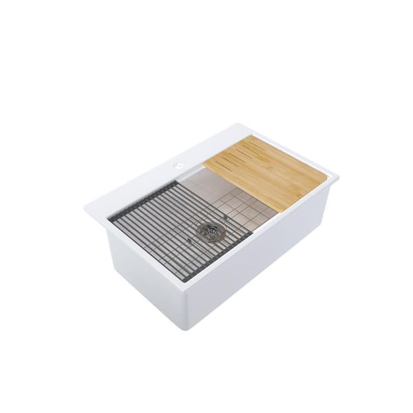 33 in. Topmount Single Bowl Gloss White Fireclay Kitchen Sink with Bottom Grid and Bamboo Cutting Board