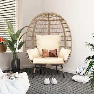 Oversized Wicker Egg Chair Indoor Outdoor Large Lounge Chair with Beige Cushions