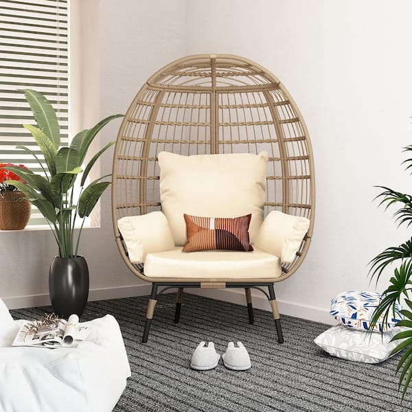 UPHA Oversized Wicker Egg Chair Indoor Outdoor Large Lounge Chair with Beige Cushions