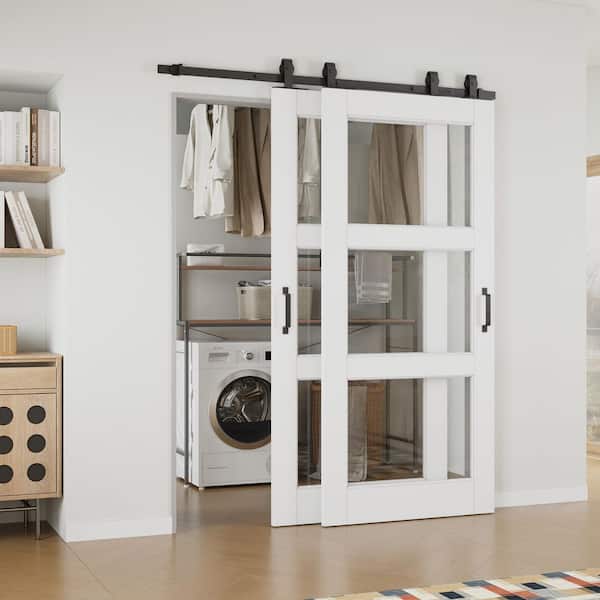 ARK DESIGN 64 in. x 80 in. (Double 36 in. ) 3 Lite Clear Glass White Primed MDF Sliding Barn Door with Hardware Kit Bypass