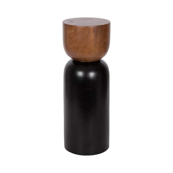 Teo 8 in. Black/Walnut Brown Round Solid Wood End Table