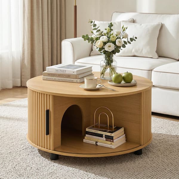 Kiva 31.5 in. Oak Wood Lift-Top Round Coffee Table with Hidden Storage, Pet Play Area, Fluted Design, Mid Century