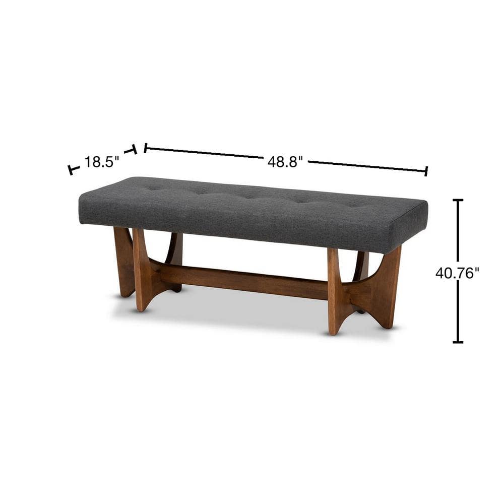 Theo Dark Grey Upholstered Walnut Mid-Century Modern Bench