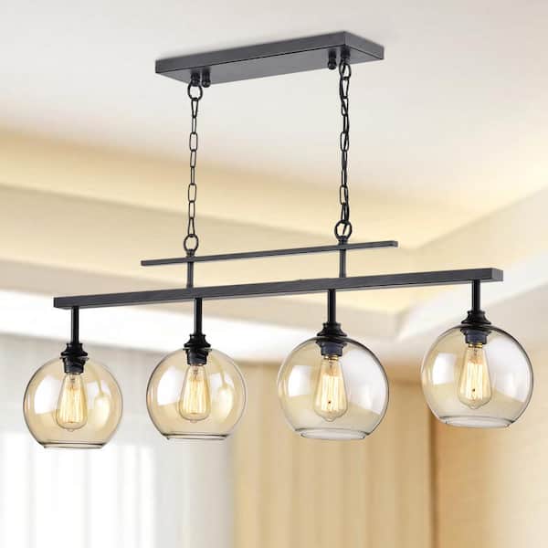 Walden 4-Light Antique Black Industrial Linear Kitchen Island Chandelier with Amber Glass Shade
