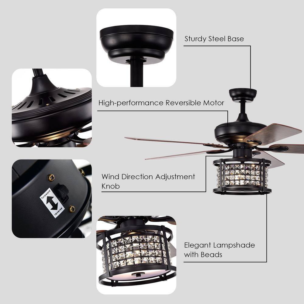 52'' Black Crystal Chandelier Ceiling Fan with Remote Control
