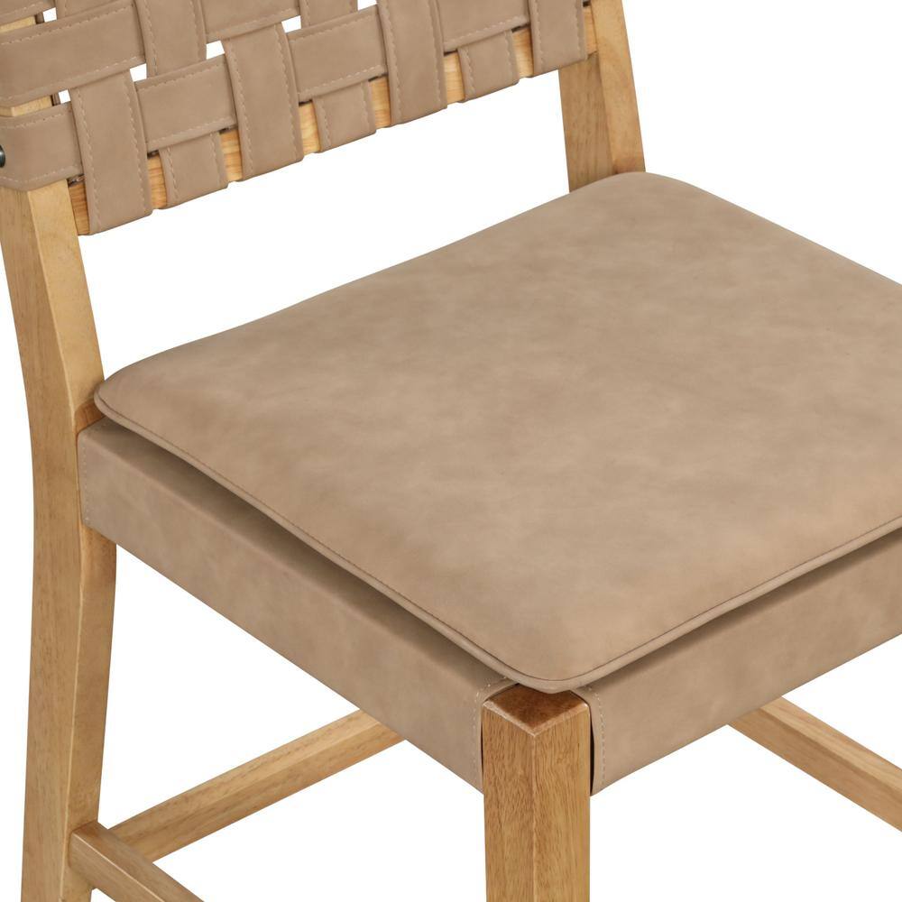 Natural Brown Faux Leather Woven Back Counter Stool