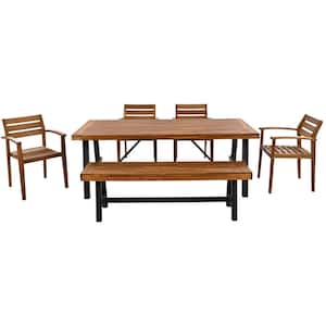 6-Piece Acacia Wood TopandSteel Frame Outdoor Dining Set Dining Table with Bench, Chairs with White Cushions