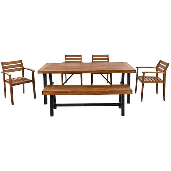 Unbranded 6-Piece Acacia Wood TopandSteel Frame Outdoor Dining Set Dining Table with Bench, Chairs with White Cushions