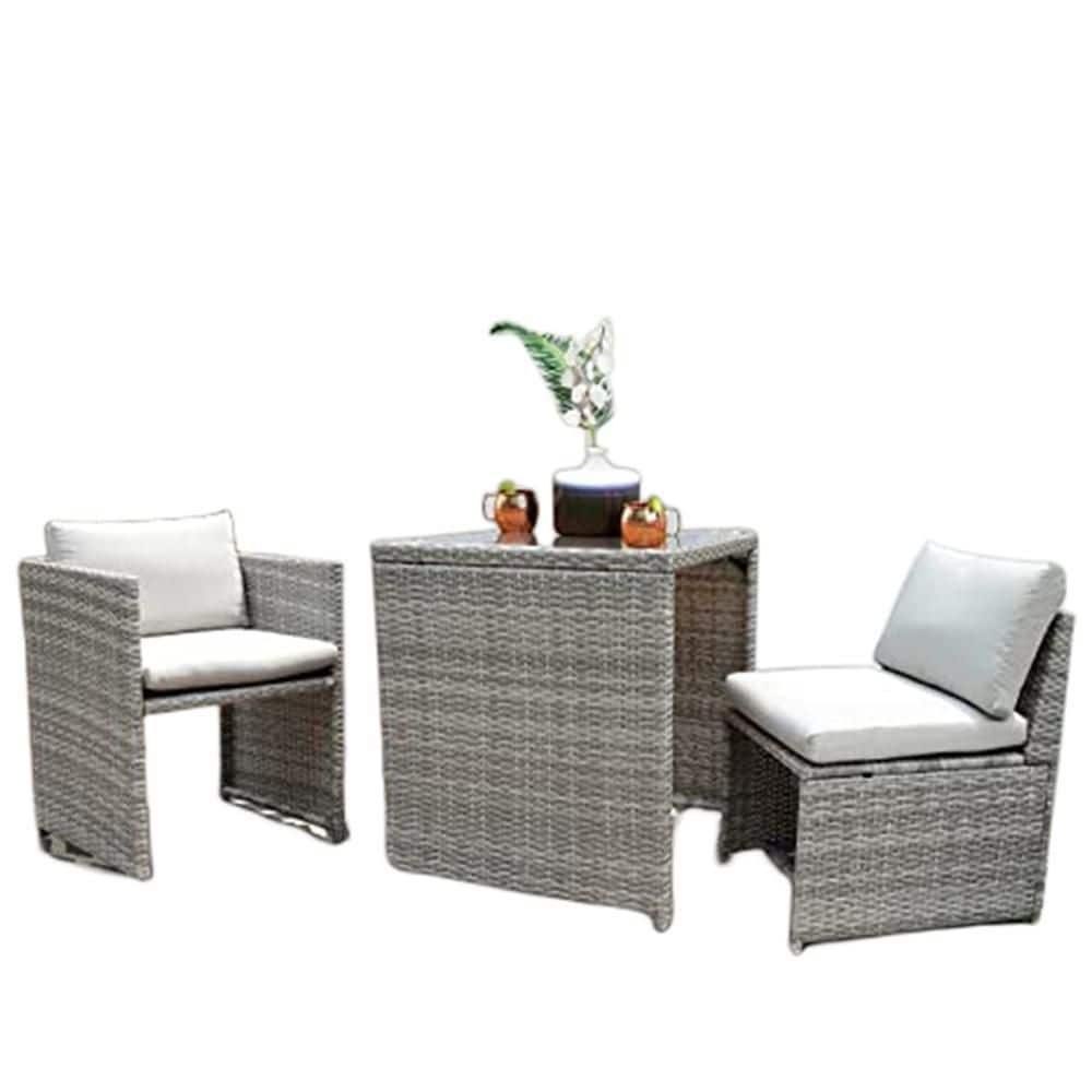Brown 3-Piece Wicker Patio Outdoor Bistro Furniture Set with Beige Cushions