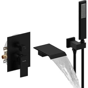Single-Handle Wall-Mount Roman Tub Faucet with Hand Shower Brass Pressure Balance Waterfall Tub Filler in Matte Black