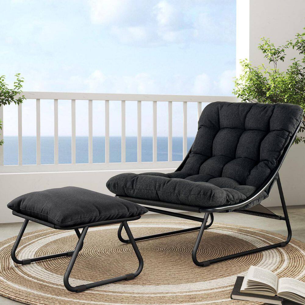 Outdoor Lounge Chair with Foot Stool, Comfy Sling Recliner Chair with Puffy Cushion and Foot Rest, Dark Gray price history on PriceWatchPro
