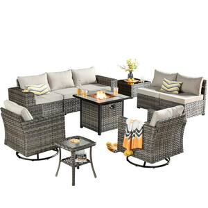 Tahoe Grey 10-Piece Wicker Swivel Rocking Outdoor Patio Conversation Sofa Set with a Fire Pit and Beige Cushions