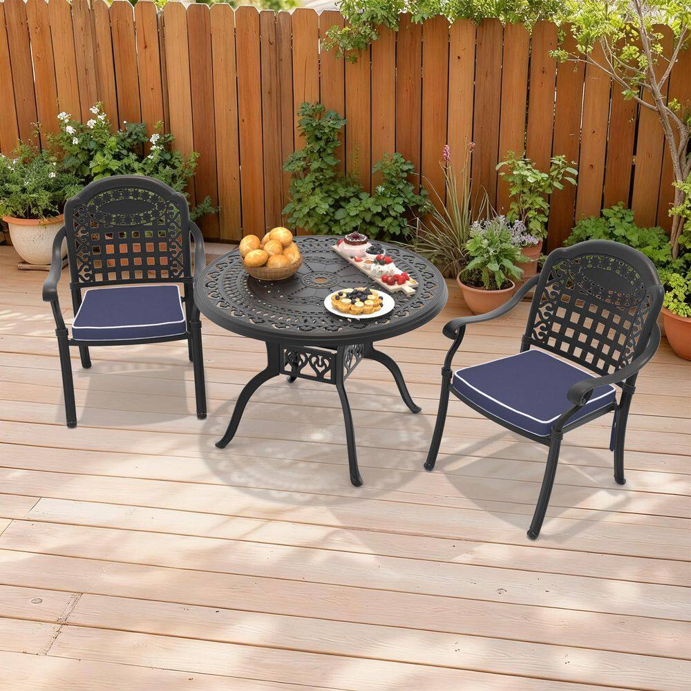 Vintage Black 3-Piece Cast Aluminum Outdoor Dining Set, 39.37 in. Round Table and 2 Patio Chairs with Blue Cushions price history on PriceWatchPro