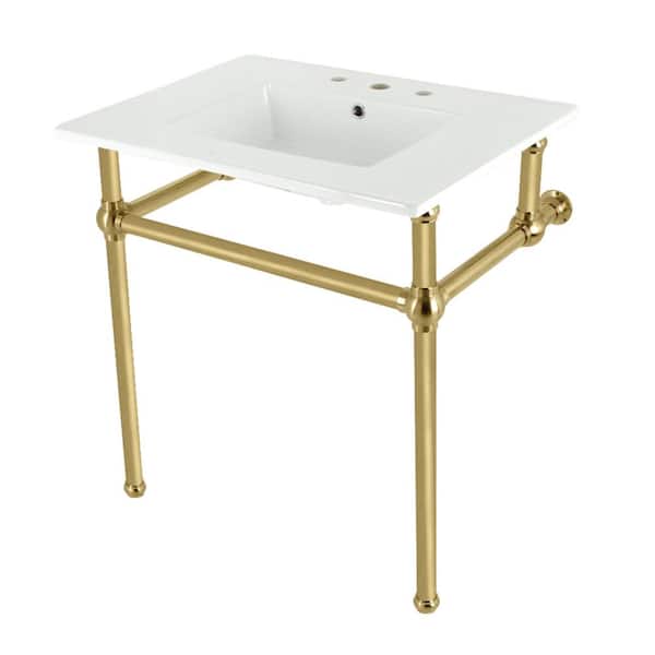 Kingston Brass Fauceture 31 in. Ceramic Console Sink Set with Brass Legs in White/Brushed Brass